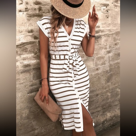 Brown Striped Dolman Sleeve Button-Down Belted Dress - Picture 1 of 8